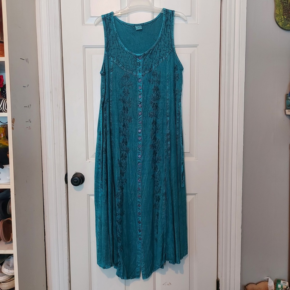 Advance Apparels Teal Blue Embroidered Rayon Sleeveless Maxi Dress Plus 1X 2X